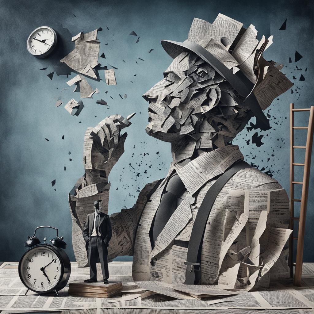 construction en papier d’un bonhomme et collage surréaliste faite dans des pages de journaux,