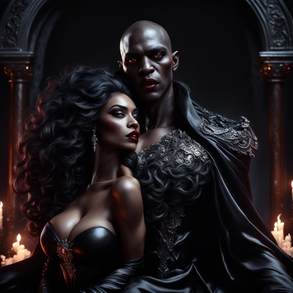 Beautiful black vampire godess, very big breast, on a bed of liquid black  satin sheets with her vampire lover - AI Generated Artwork - NightCafe  Creator