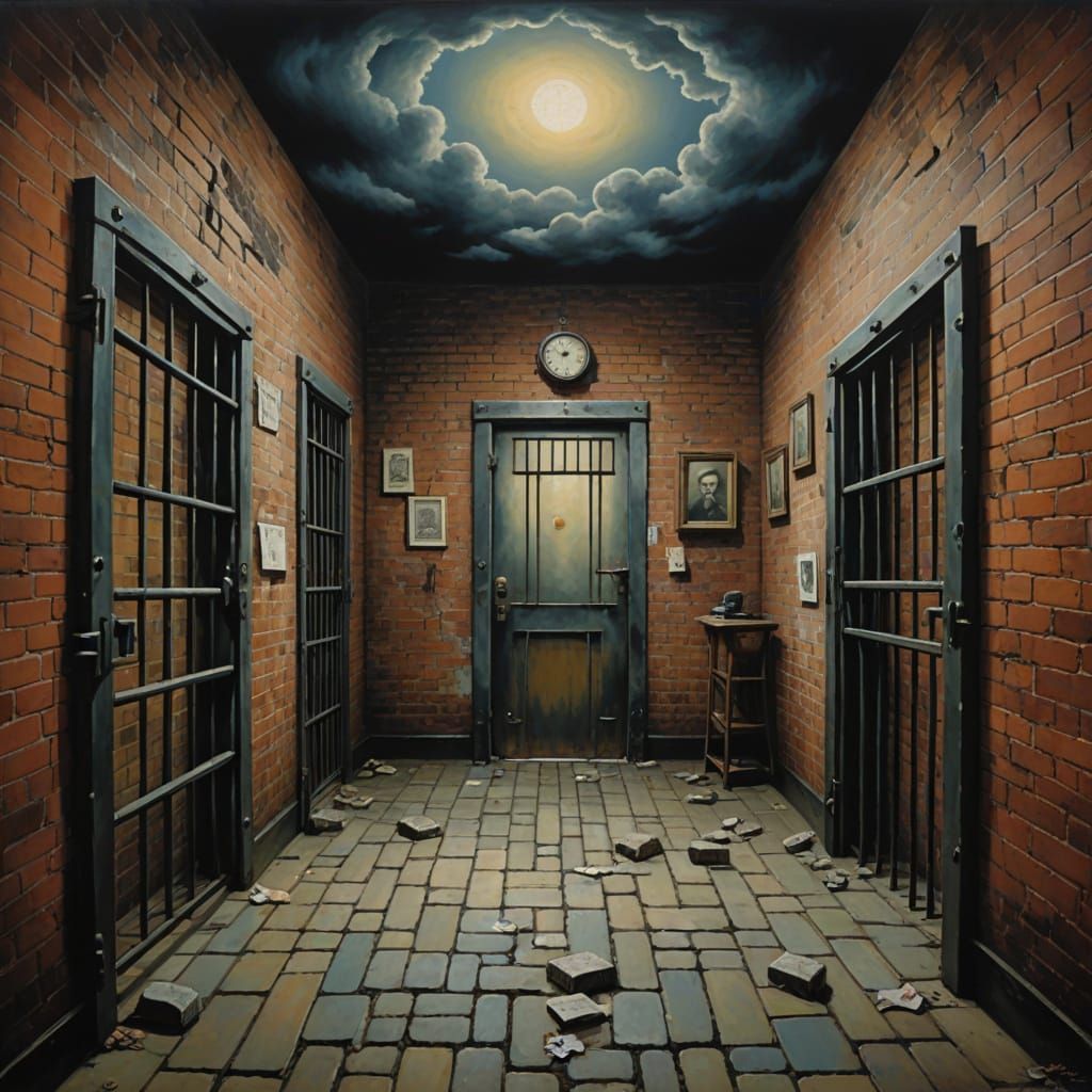 A hyper-realistic prison cell features brick walls on three sides and iron bars at the front. Twenty-one surrealist paintings in the style o... - Start Image 2