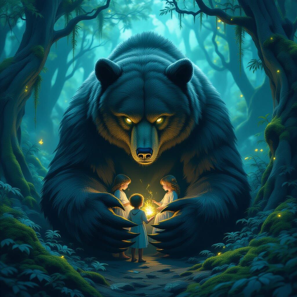 For the "Kind Beasts" challenge, envision a colossal, shadowy bear with glowing eyes gently cradling ...  by @Marius