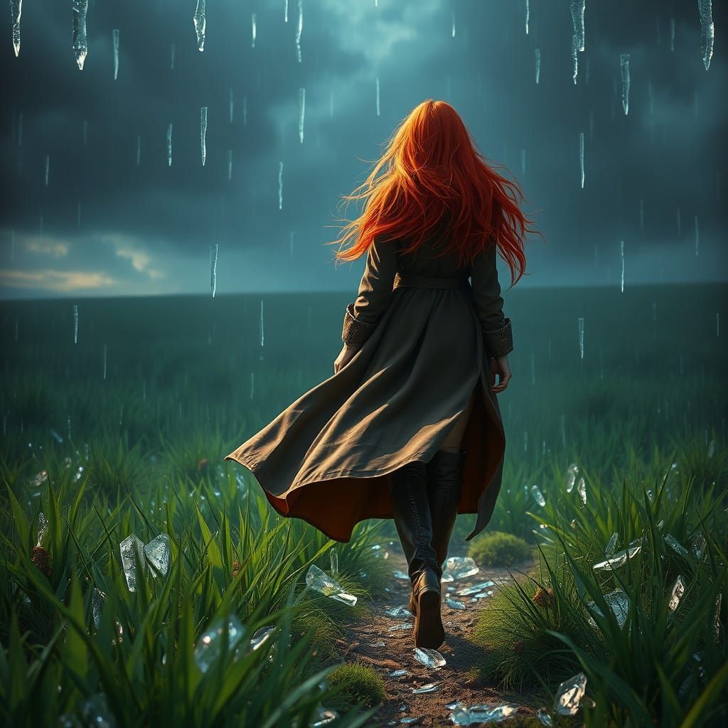 Mystical Fiery Red-Haired Woman Strides Through Icy Glass Sh...