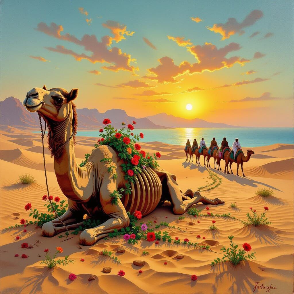 Surreal Desert Scene: Life and Rebirth from Camel Decay