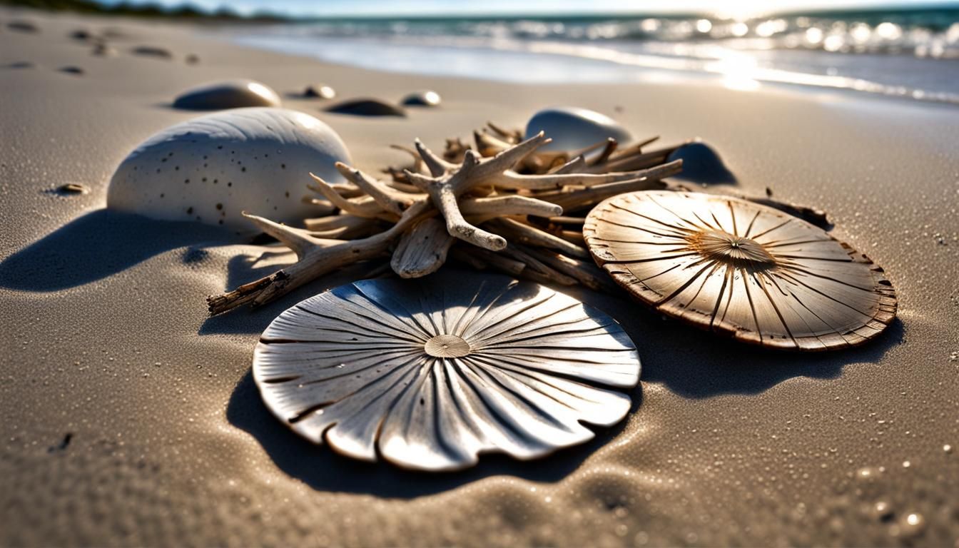 Driftwood and Sand Dollars. AI Generated Artwork NightCafe Creator