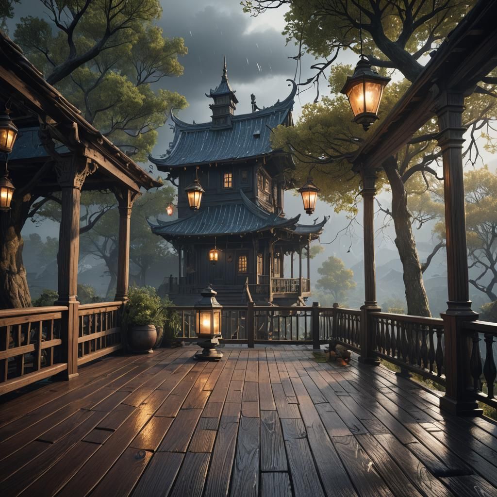 4k house and deck on a stormiest day, lantern hanging, reali...