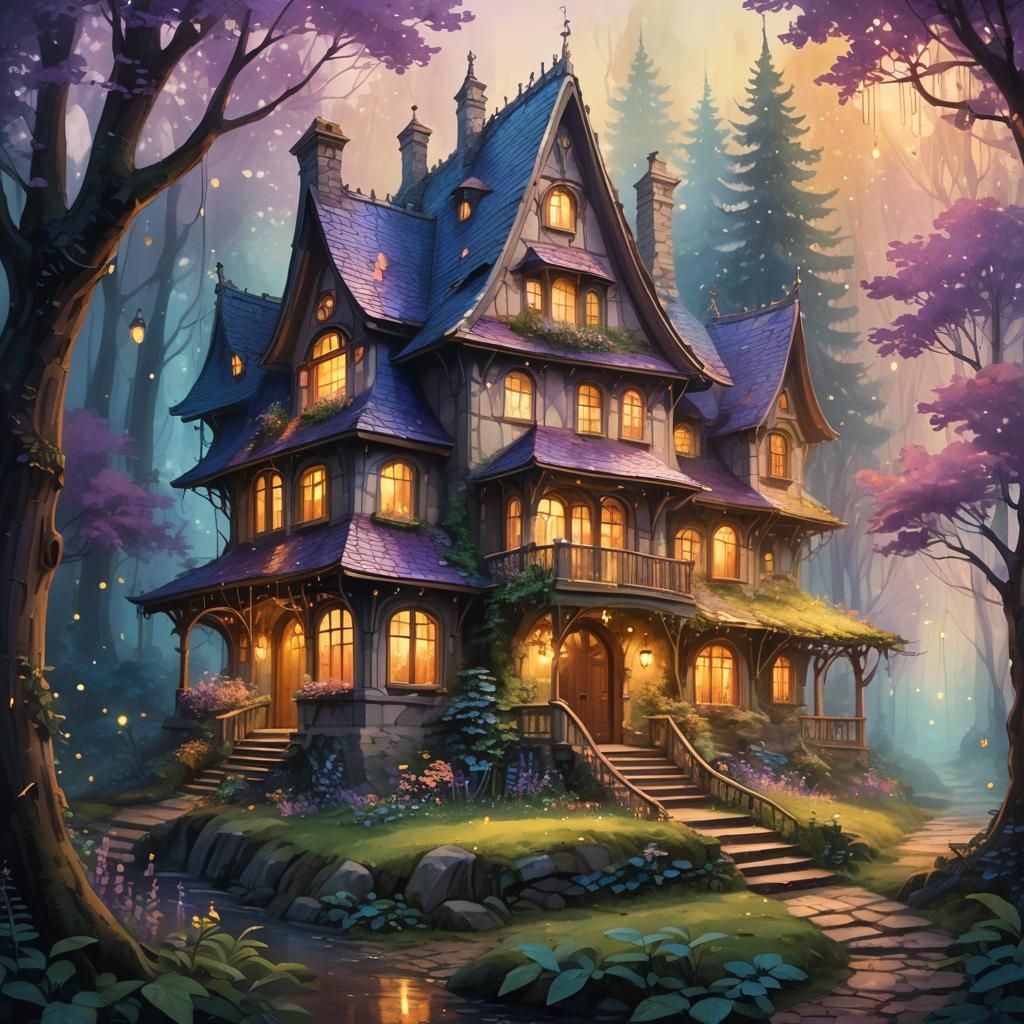 Fairytale House in Forest, Dreamy Ethereal Art