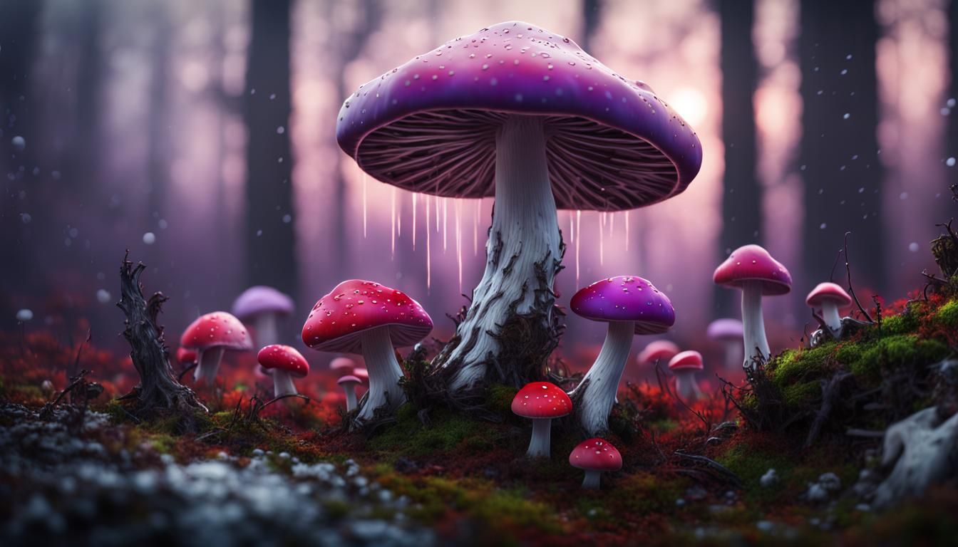 Mushroom forest mushrooms size of trees glowing purple fog s...