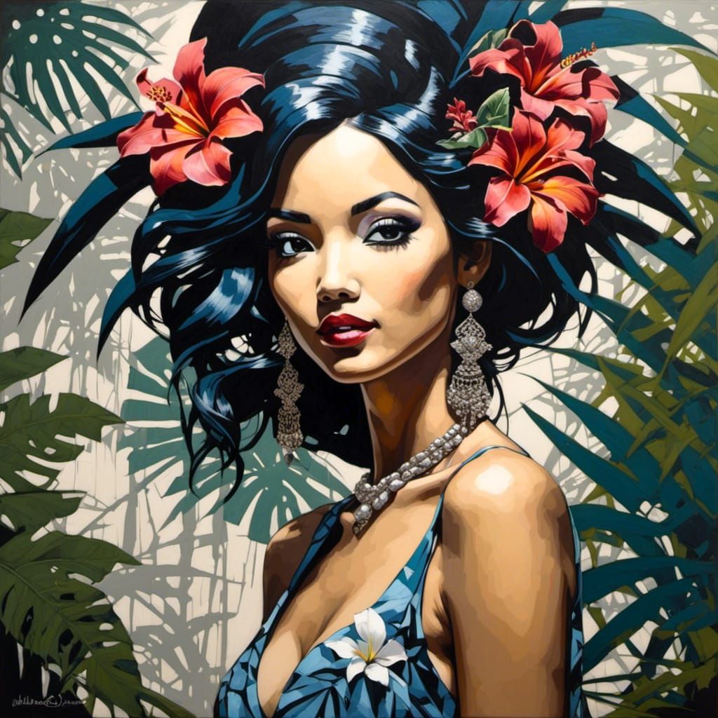 Tropical woman in a tropical garden in Hawaii