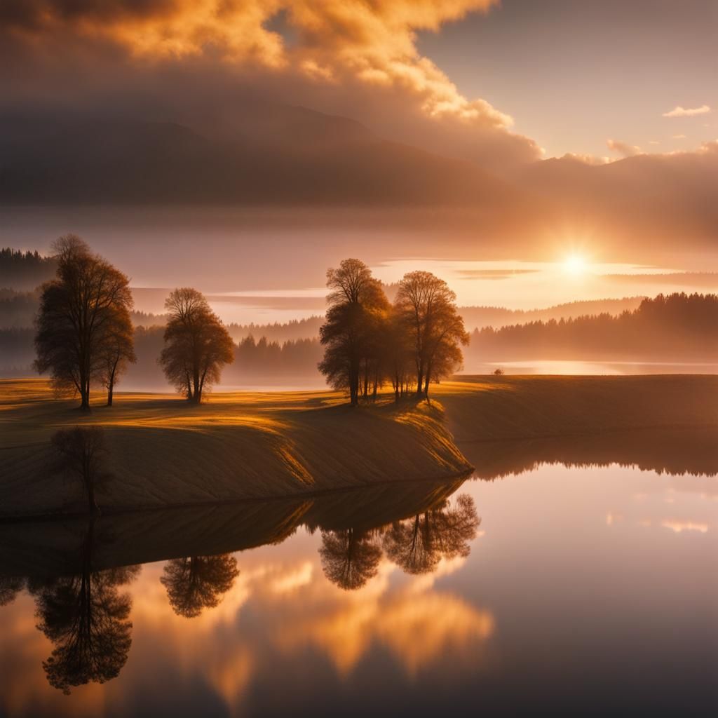 Fantastic landscape reflecting on the smooth surface of a lake. Detailed, precise, photographic, golden ...  by @Kickoff 