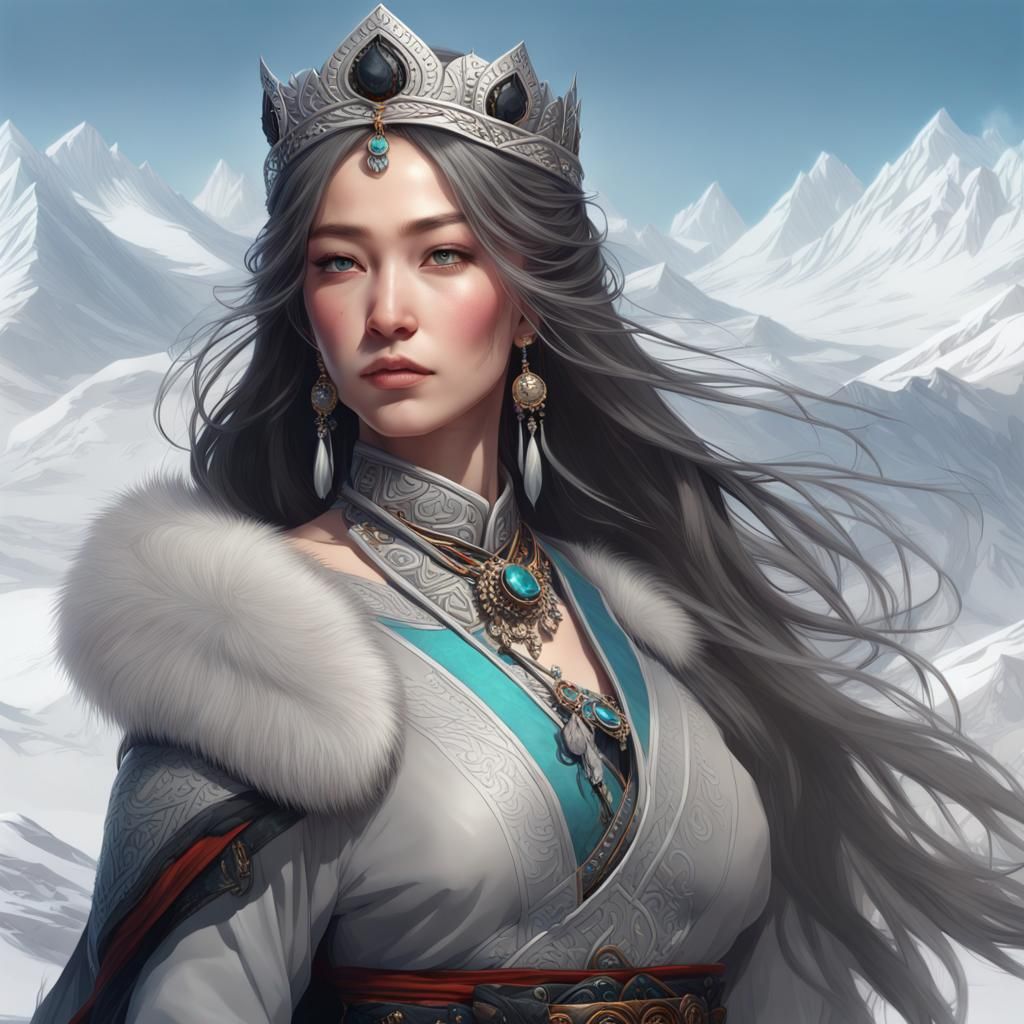 Mongolian princess with black gem crown on the white wavy long hair ...