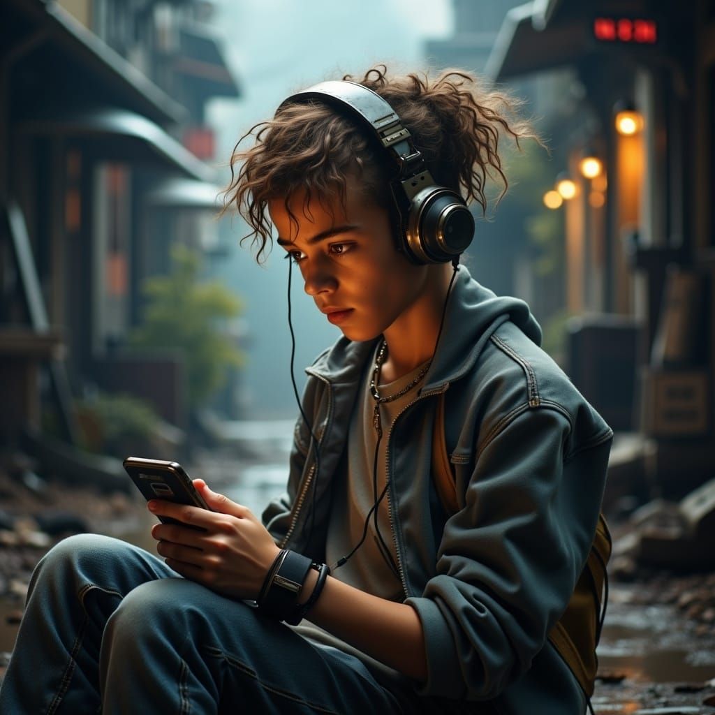 <lora:SteampunkFoto FL:1.0> A teenager with frosted tips and baggy jeans, wearing a sweatband on one wrist and tapping away on a first-gen...