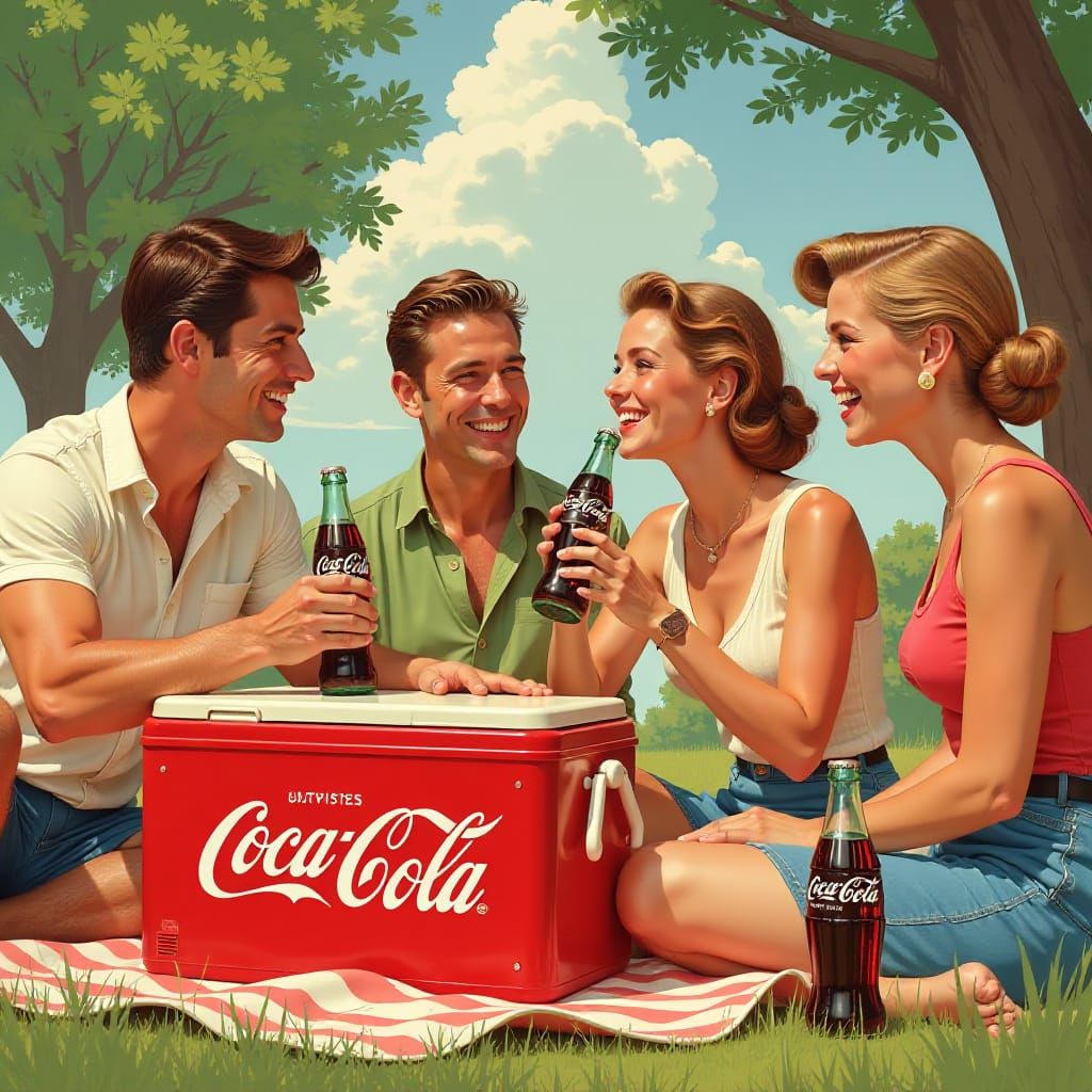 Advertisement illustration, 1960s Coca Cola ad featuring a c...