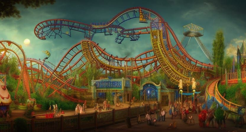 Haunted amusement park with a giant roller coaster by Maria