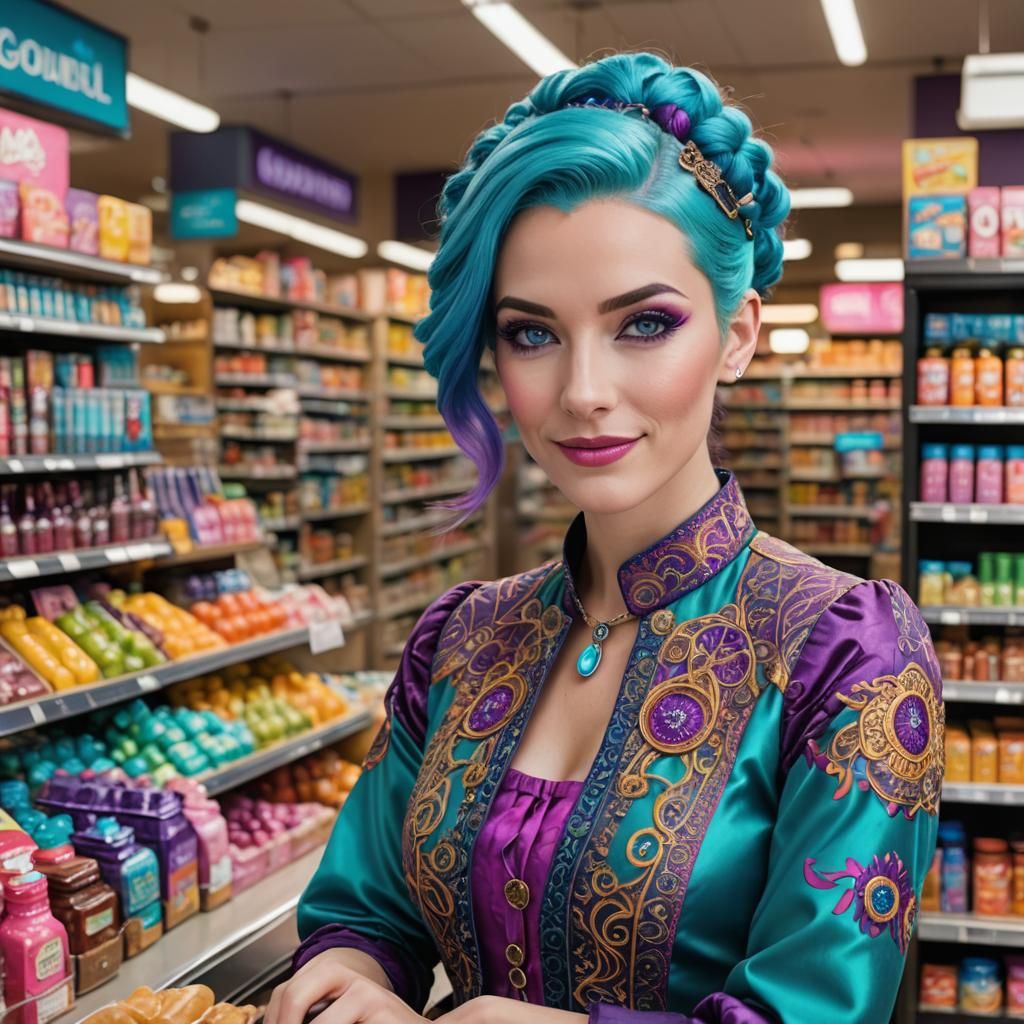 Hyperrealistic portrait of a beautiful woman wearing intricately detailed colorful clothing and futuristic A 3D cartoon ...