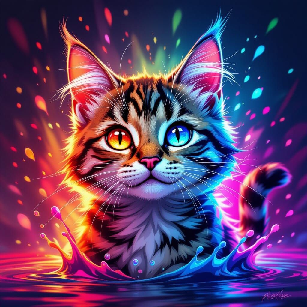 Hyperrealistic Anthropomorphic Cat in Vibrant Splash Art