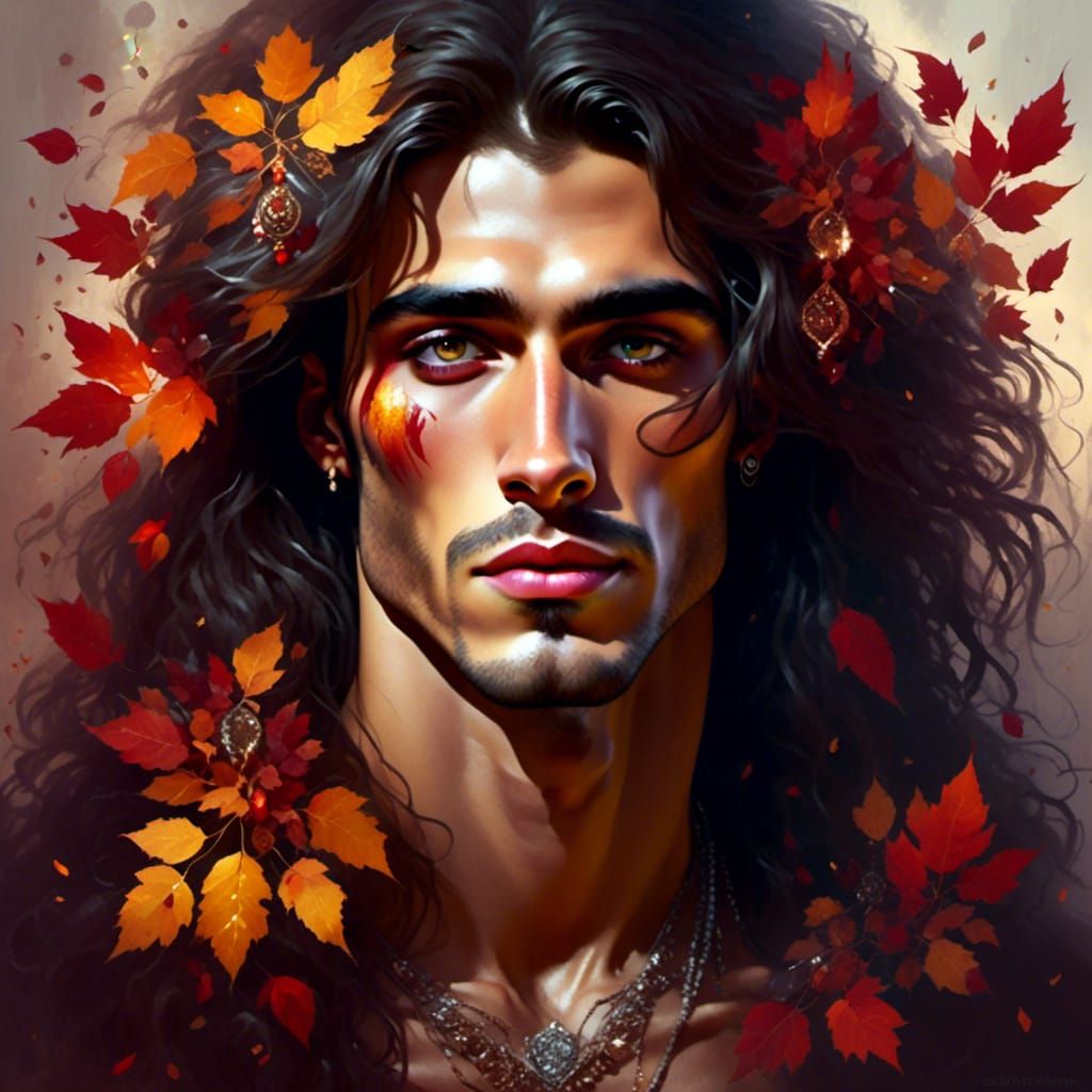 <lora:People and nature:1.0> Young Arabic feminine man, oval soft man's face, plump lips, man with brown long hair, floral, autumnal red and...