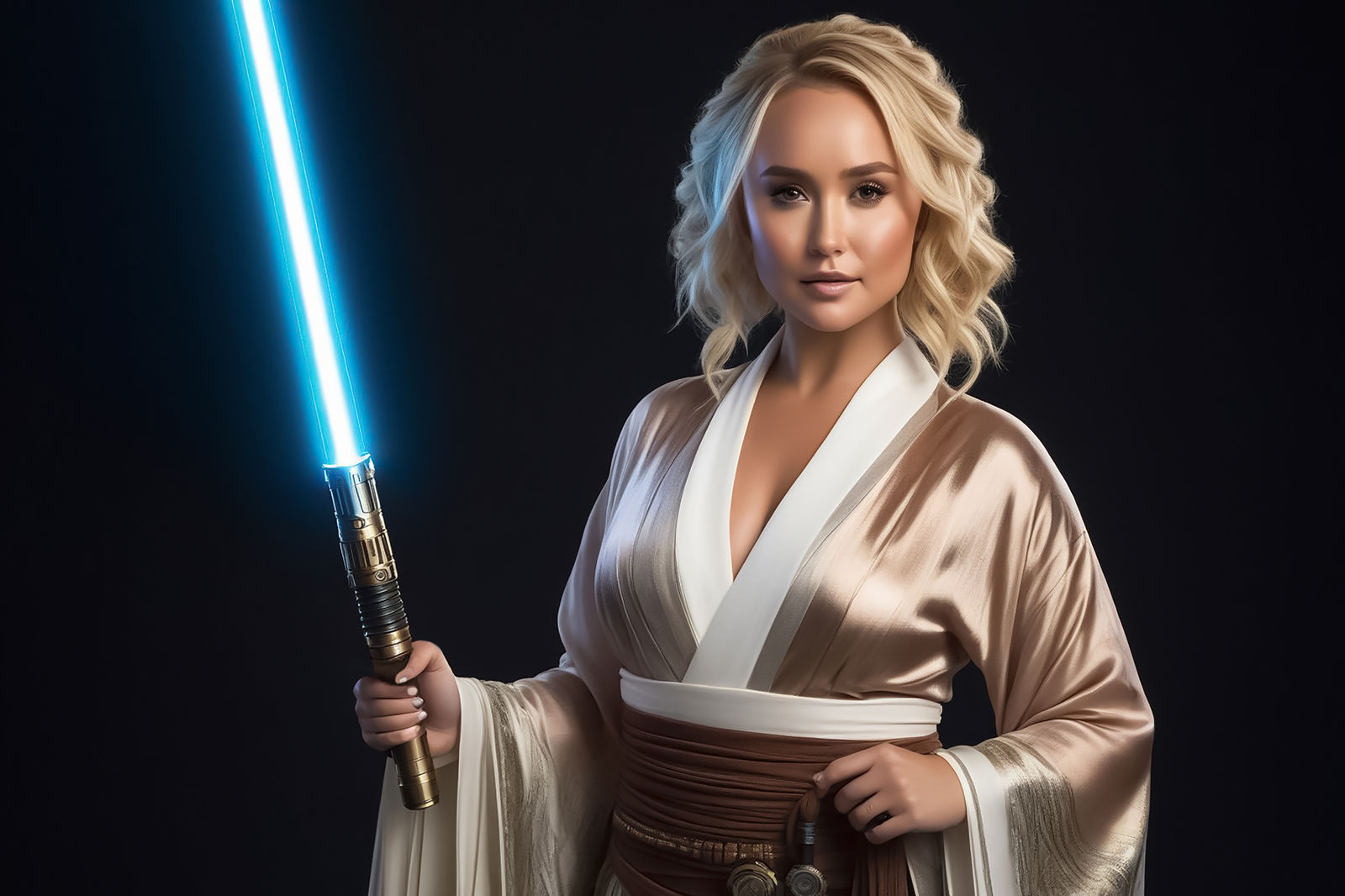 hayden panettiere as a jedi with lightsaber in hand, wearing a transparent  silk kimono - AI Generated Artwork - NightCafe Creator