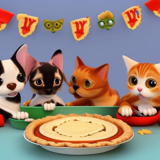 Dogs eating pie with kitty cats