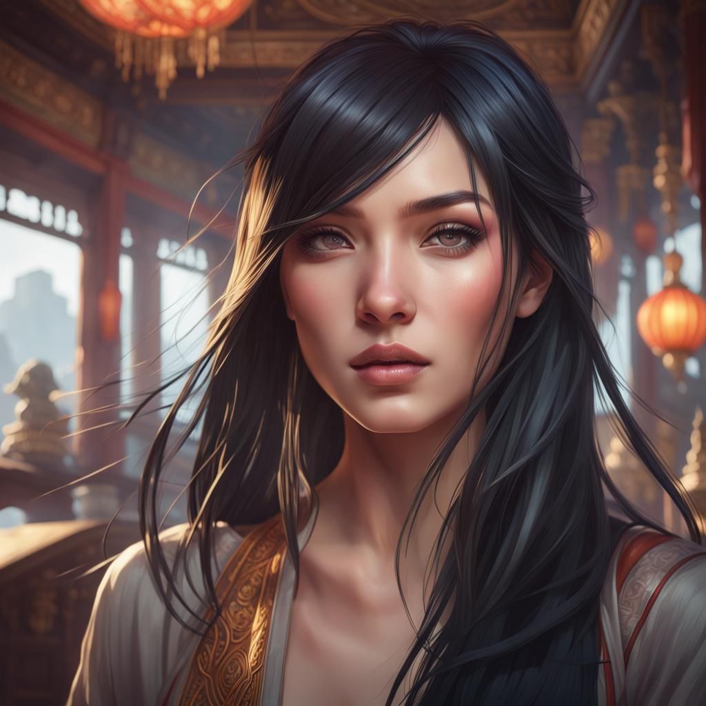 The woman with Asian facial features has straight black hair