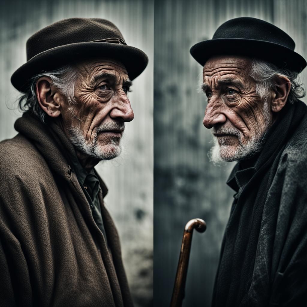 An old man and he looks a little bit weary and a tiny bit sa...
