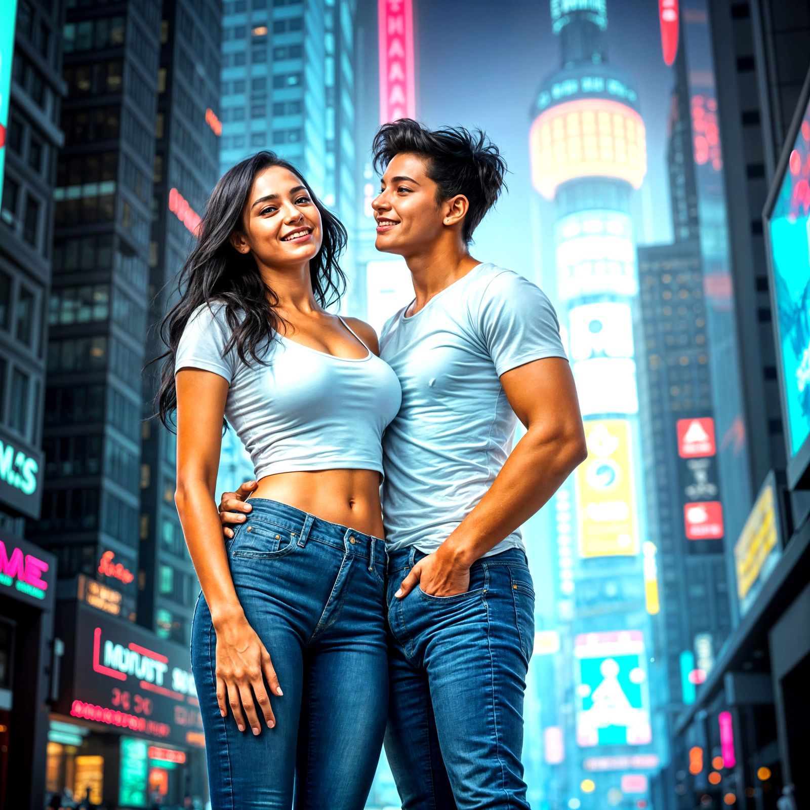 Confident Couple in Futuristic Cityscape