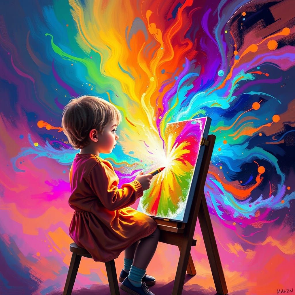 Whimsical Child Enveloped by Vibrant, Ethereal Colors in a F...