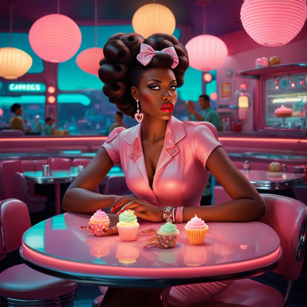 In a pastel-hued space diner, an African American woman sits...