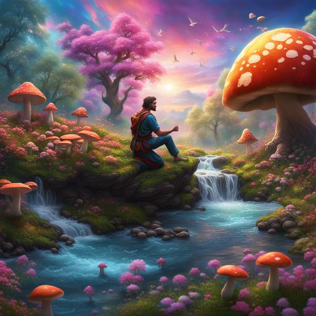 Hyper realistic Faerie Man under a vivid colorful sky and a clear ...