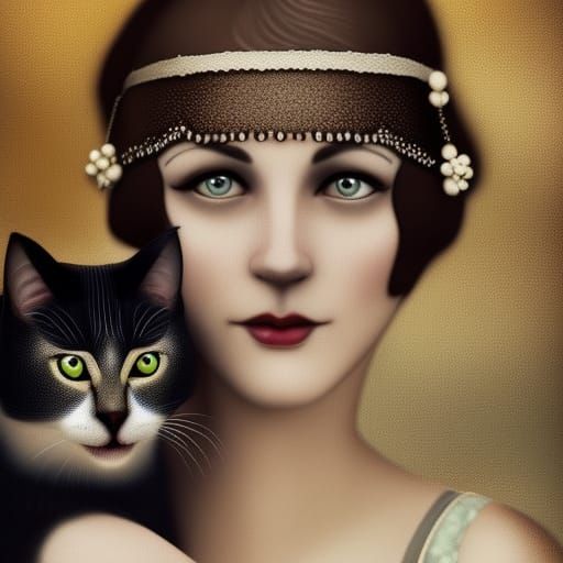 Beautiful flapper and cat by artist "Chéri Hérouard", neck z...