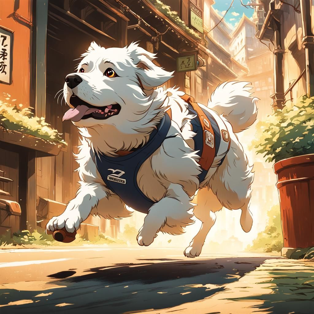 a dog in a running race in first place