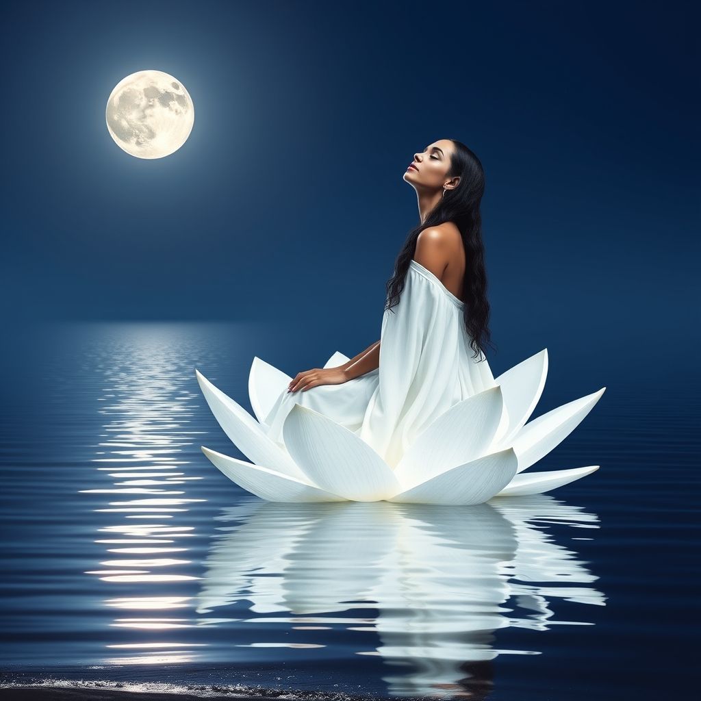 A serene and mystical scene of a woman