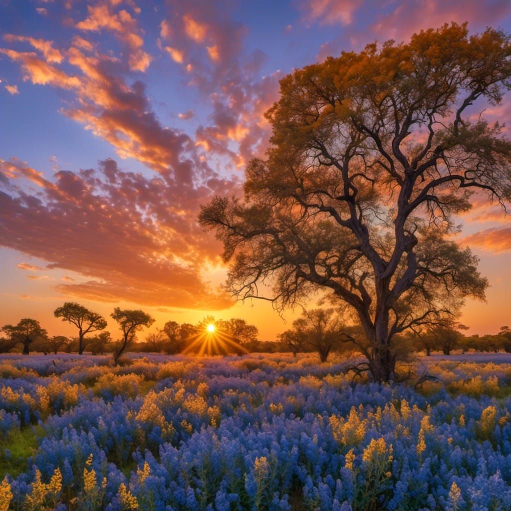 <lora:Lovely Landscapes:1.0> A golden sunrise in a blue sky 