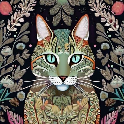 Cat Surrounded by Flowers in Botanical Art Style