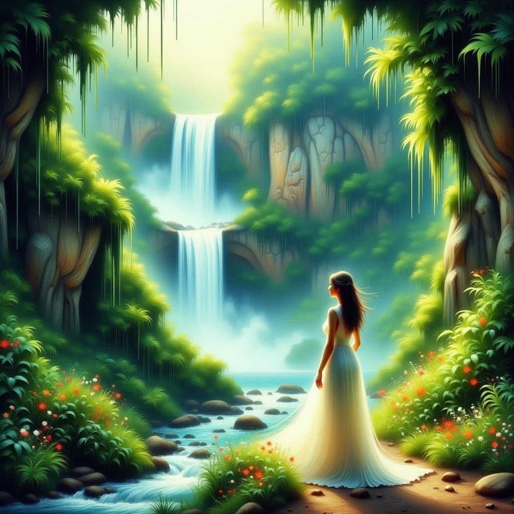 <lora:Dripping:1.0> a water fall in a green area