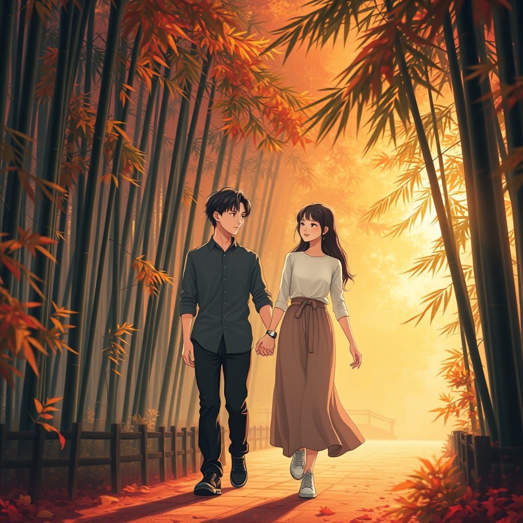 Anime Couple Stroll Through Autumn Bamboo Forest