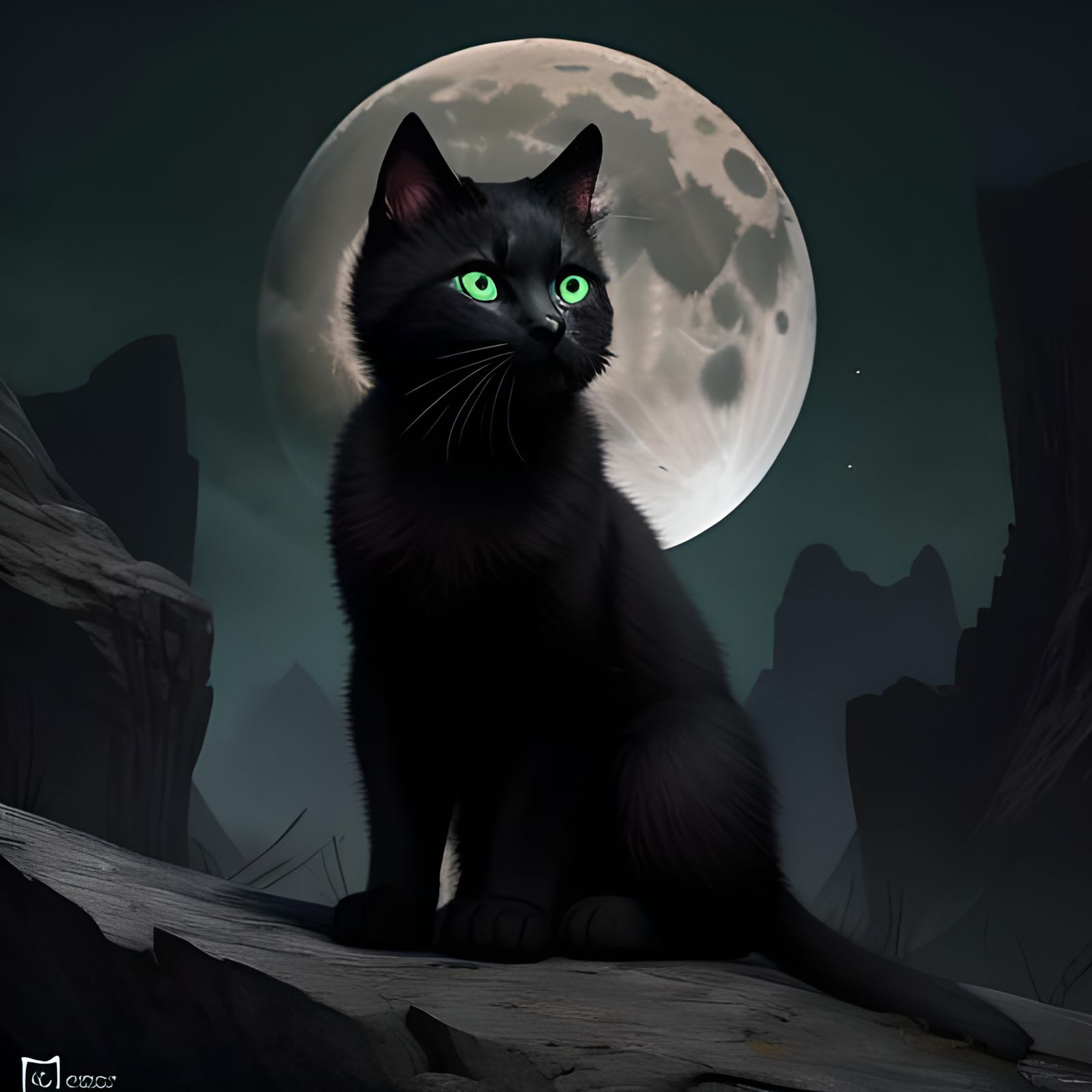 a green eyed with black fur kitten looking at the moon