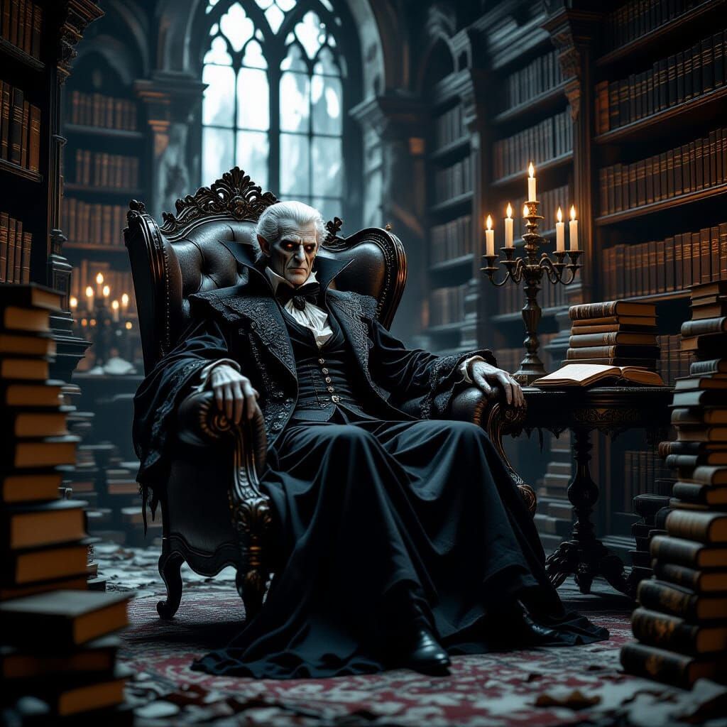 A wizened vampire elder, seated in a dilapidated gothic library, surrounded by towering stacks of ancient tomes and arcane artifacts. The ai...