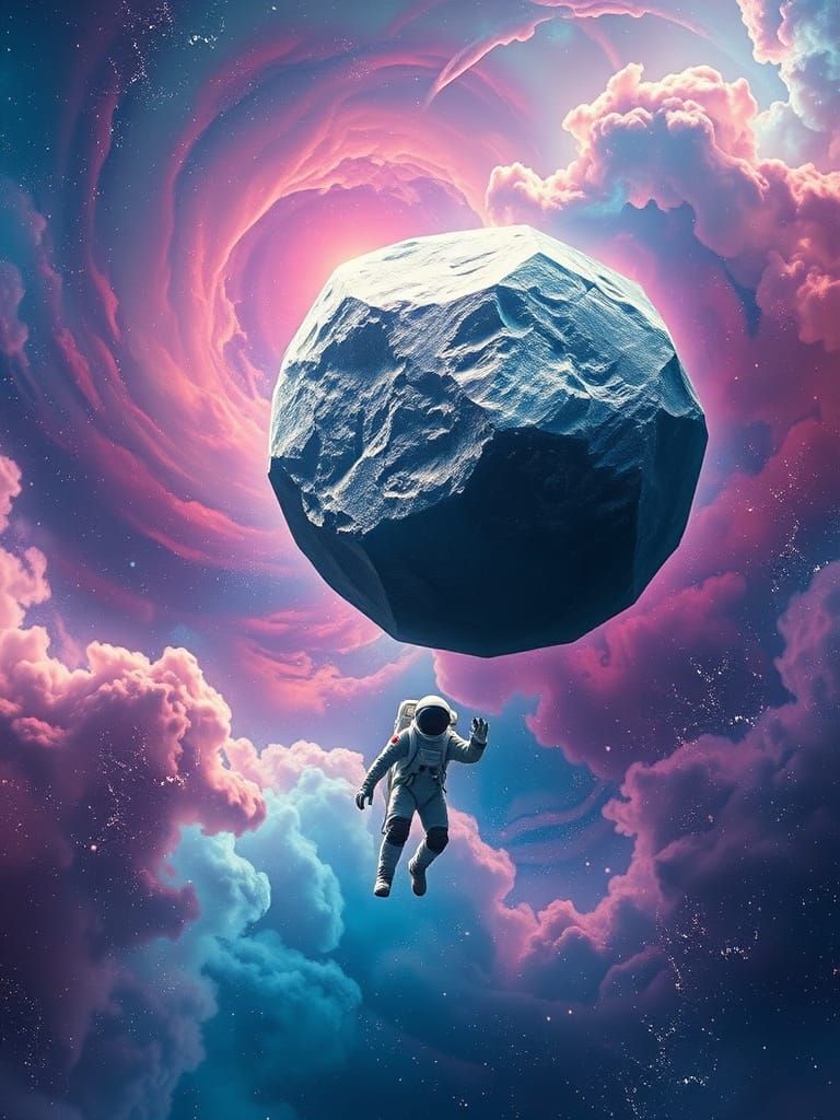 A lone astronaut adrift in a vibrant, swirling nebula, reaching out towards a colossal, crystalline asteroid. Stardust glitters around them ...