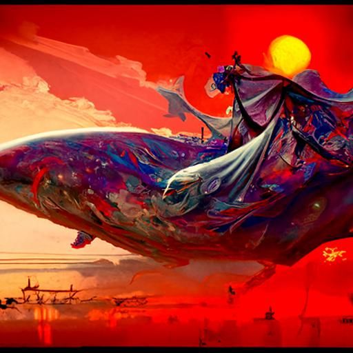 The celestial whale sails away into the scarlet sunset a mas...