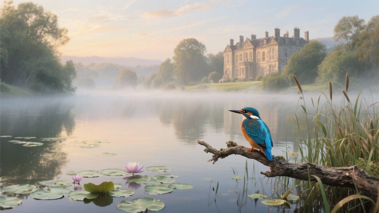 English lake at dawn, mist hangs over the water, lillypads, bullrushes, a kingfisher sits on the branch ...  by @DangerMouse