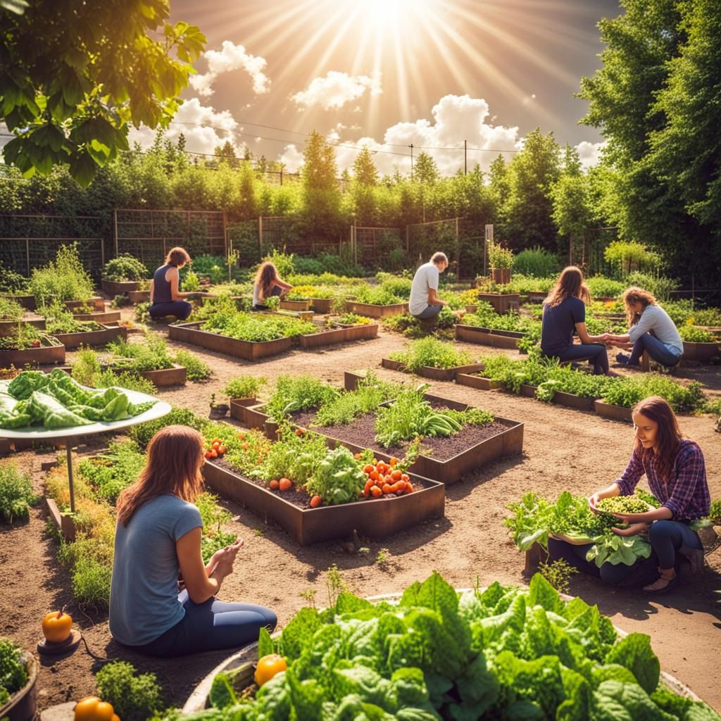 urban mandala vegetable garden, people eating vegan