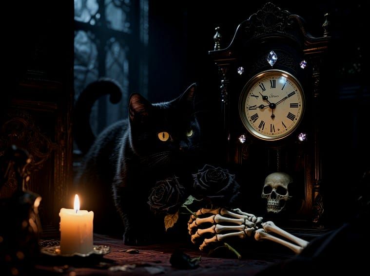 10/18/2025-5 Word Prompt Black Cat, Skull, Flowers, Clock, a...