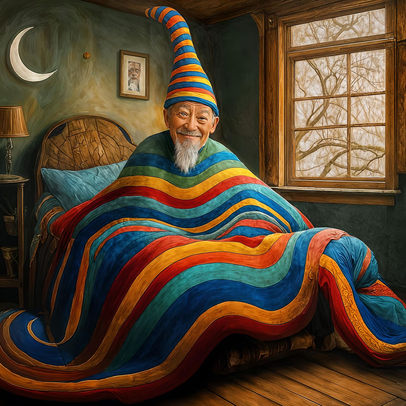 Old man is bed with rainbow nightcap