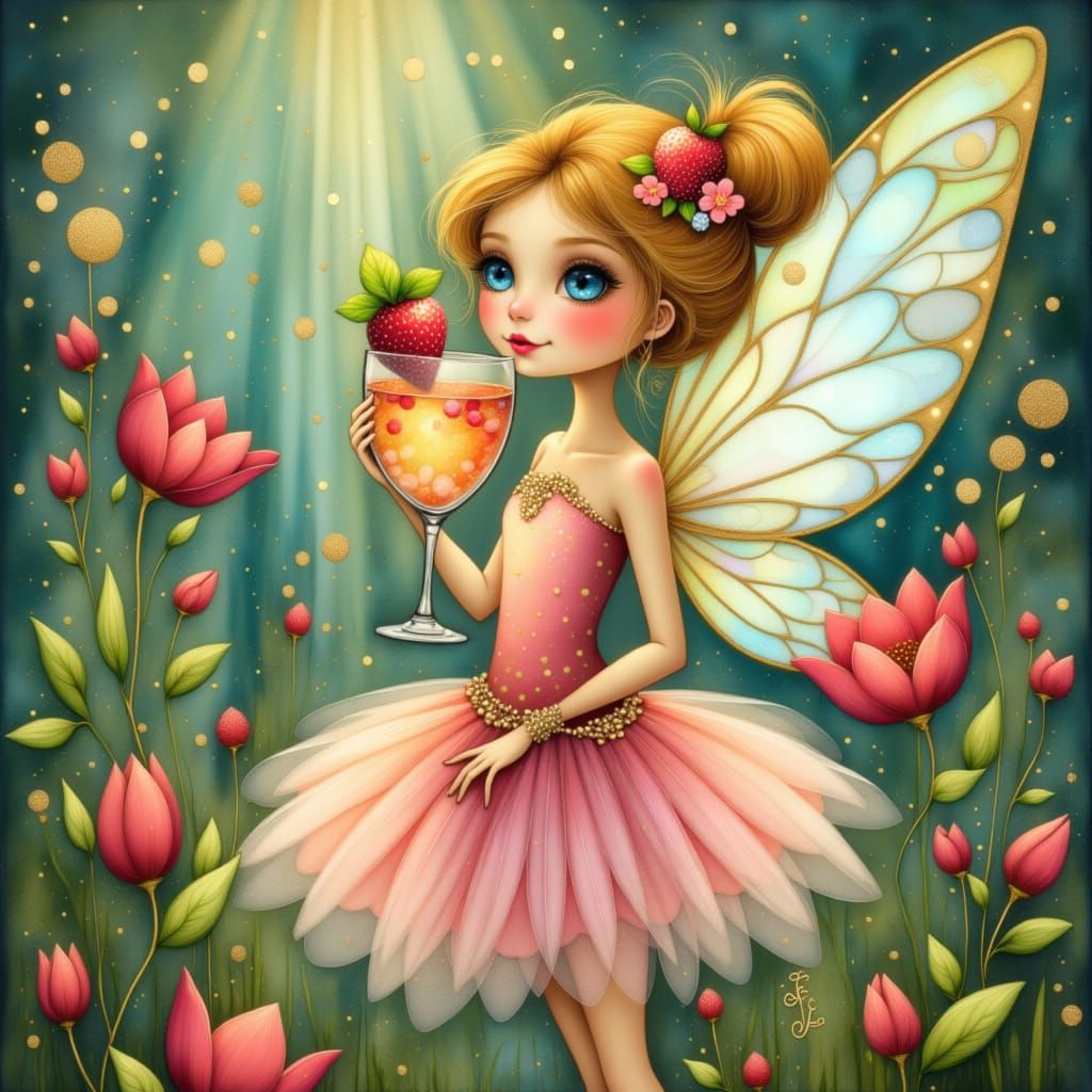 <lora:inks:1.0> <lora:mmcollage:1.0> <lora:Shadow whimsy:1.0> An adorable fairy Tasting from the Strawberry punch
