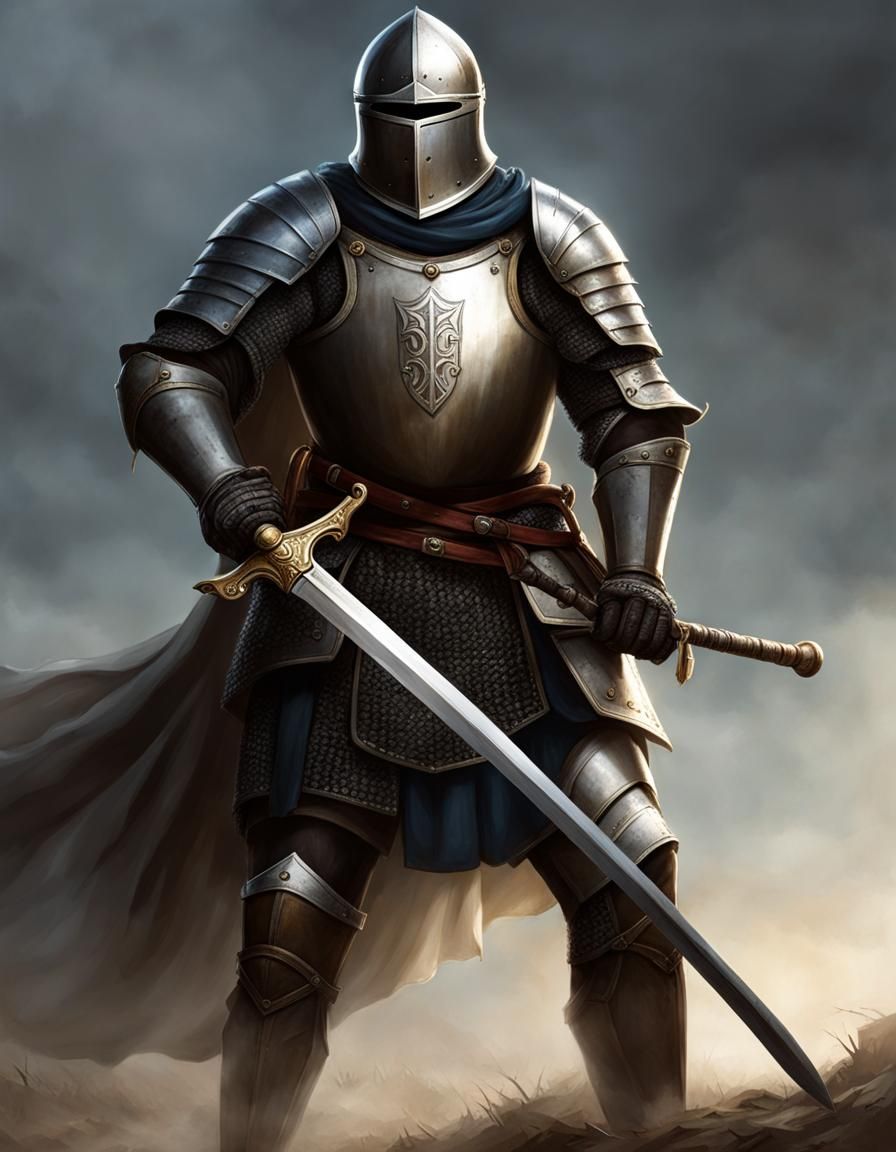 Portrait From The Waist Up Of A Grizzled Crusader Knight Wielding A 