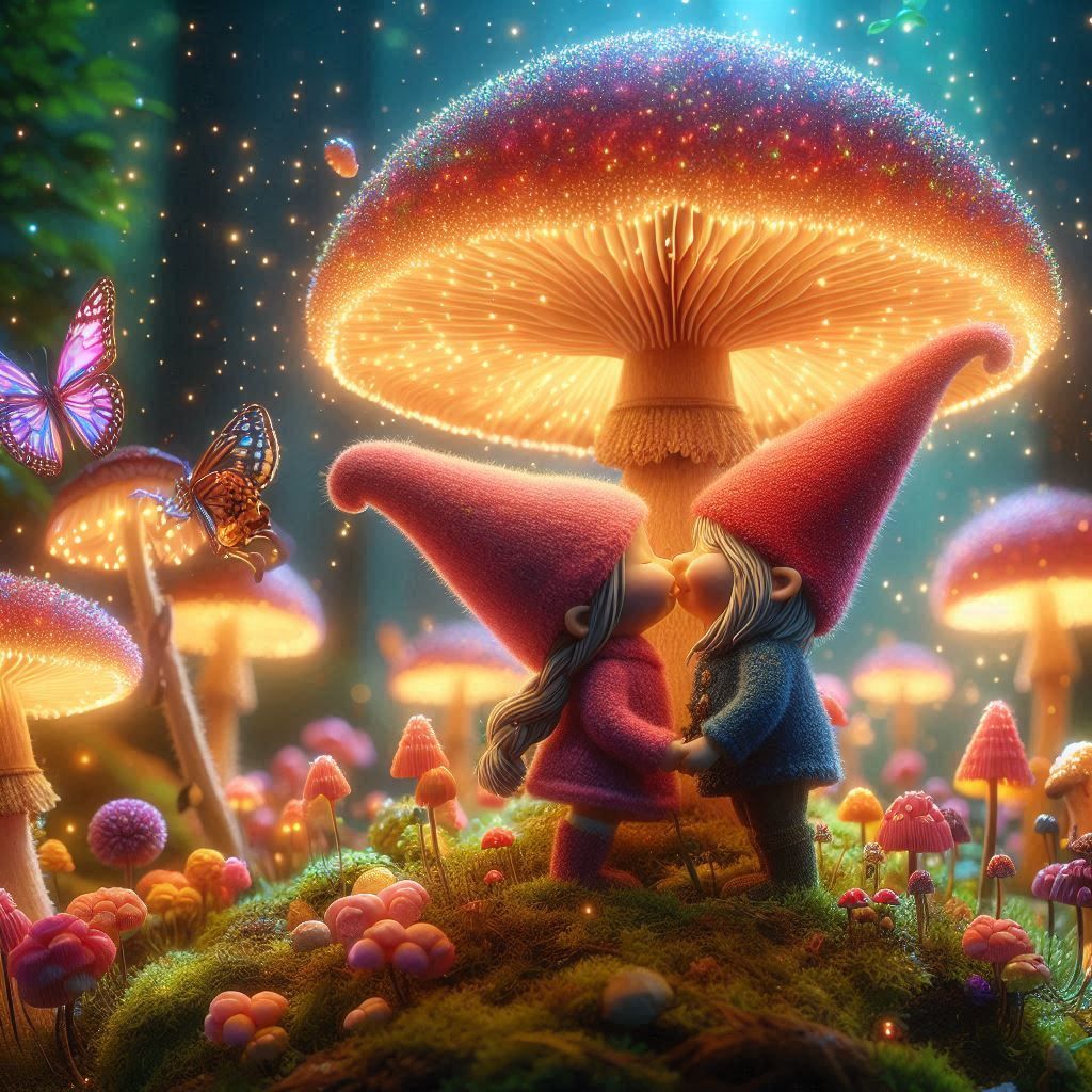 Cute gnooms kissing under a mushroom.