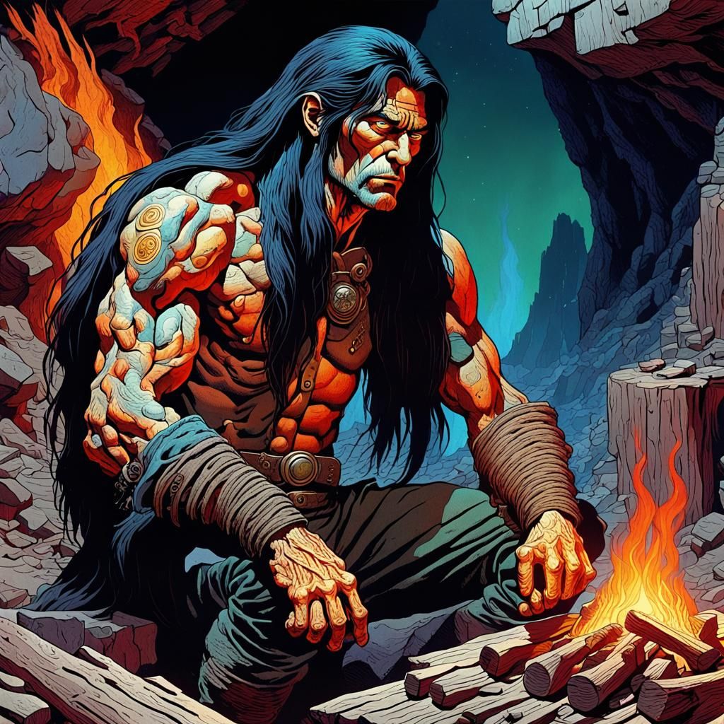 Disfigured, scarred face half giant long black hair , making...