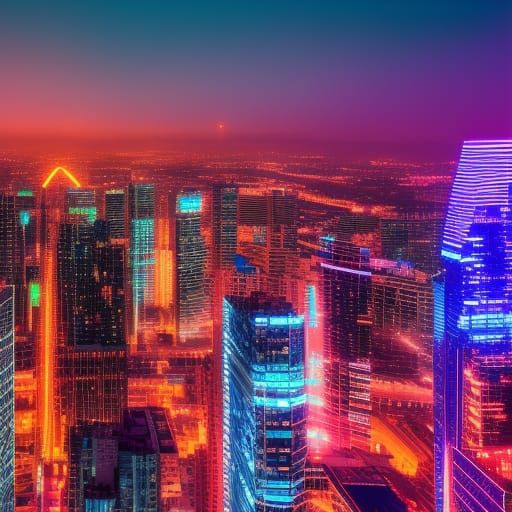 drone looking at neon-lit city