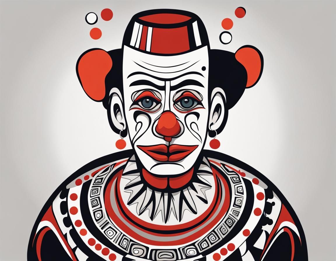 portrait of a sad clown, in the style of tlingit art