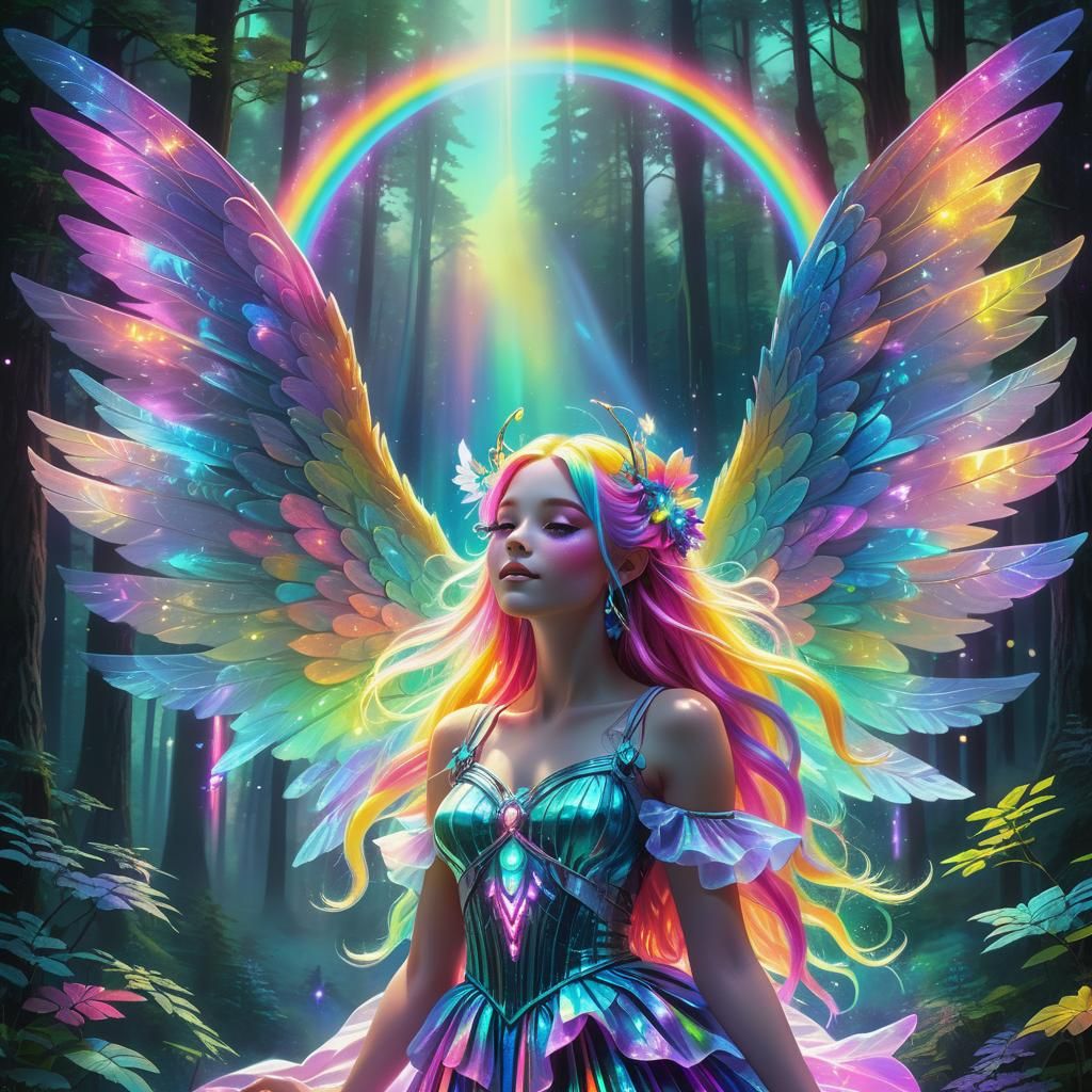 Neon Music Fairy Shines in Dark Forest
