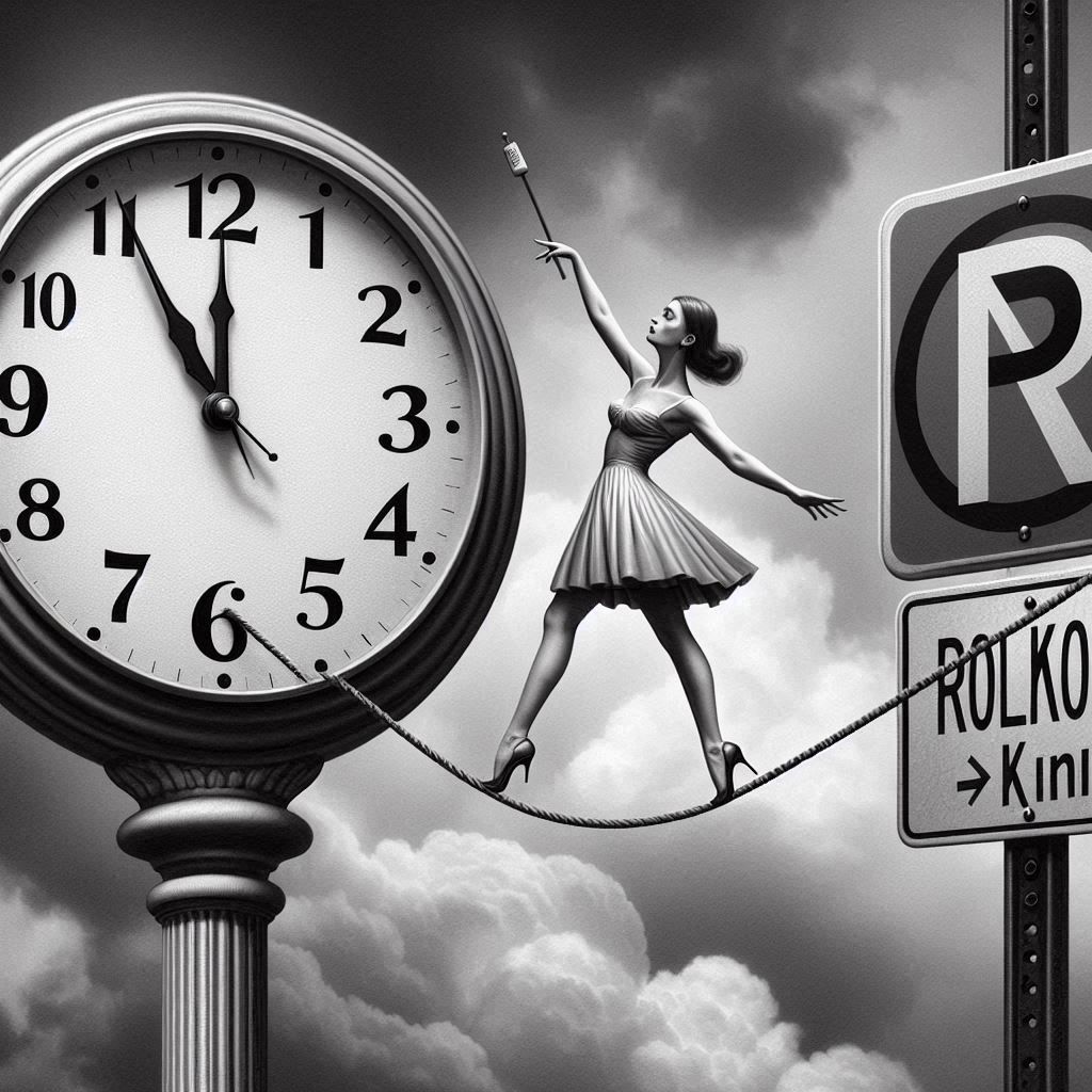 Tightrope walker with clock and no-parking sign